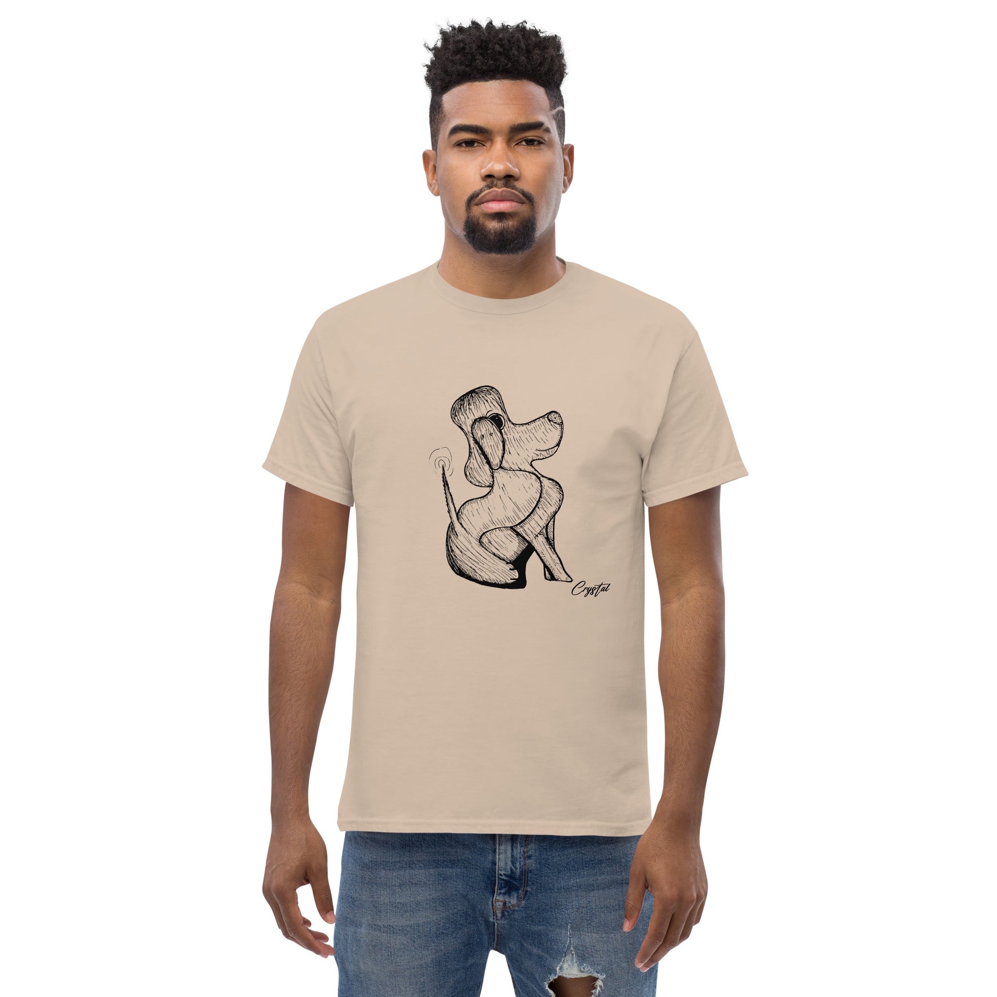 Happy Dog Sitting & Wagging Tail - Cute & Creepy "Stay Weird" Cartoon Illustration Men's classic tee