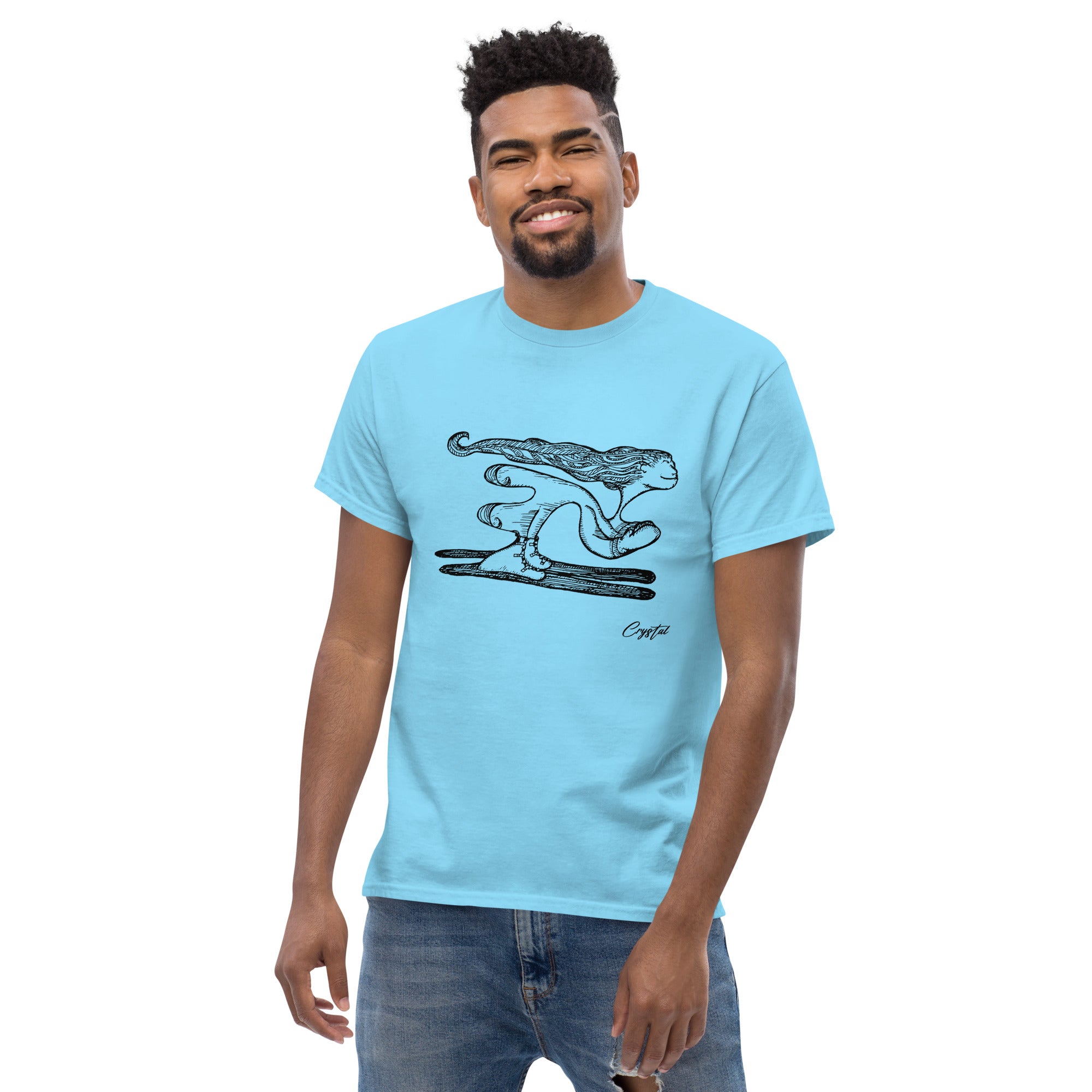 Girl with Great Hair Skiing Snow Slopes and Smiling - Cute & Creepy "Stay Weird" Cartoon Illustration Men's classic tee