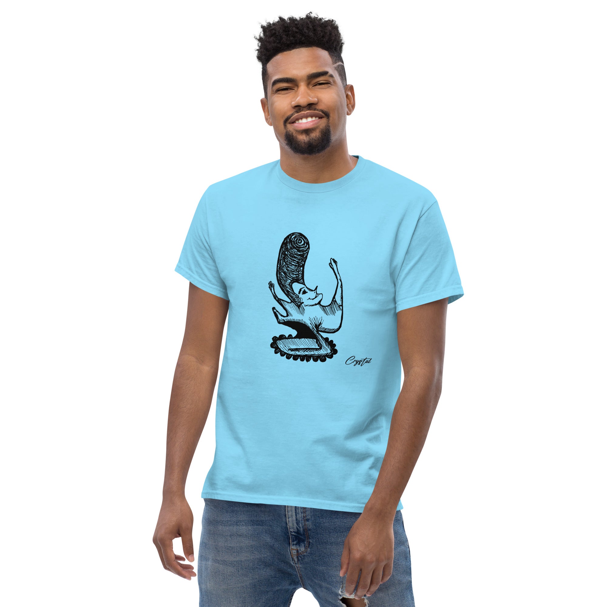 LGBTQ-Inspired Abstract Drawing of Genderless Man or Woman with Big Hair Smiling and Holding A Dancing Pose - Cute & Creepy "Stay Weird" Cartoon Illustration Men's classic tee