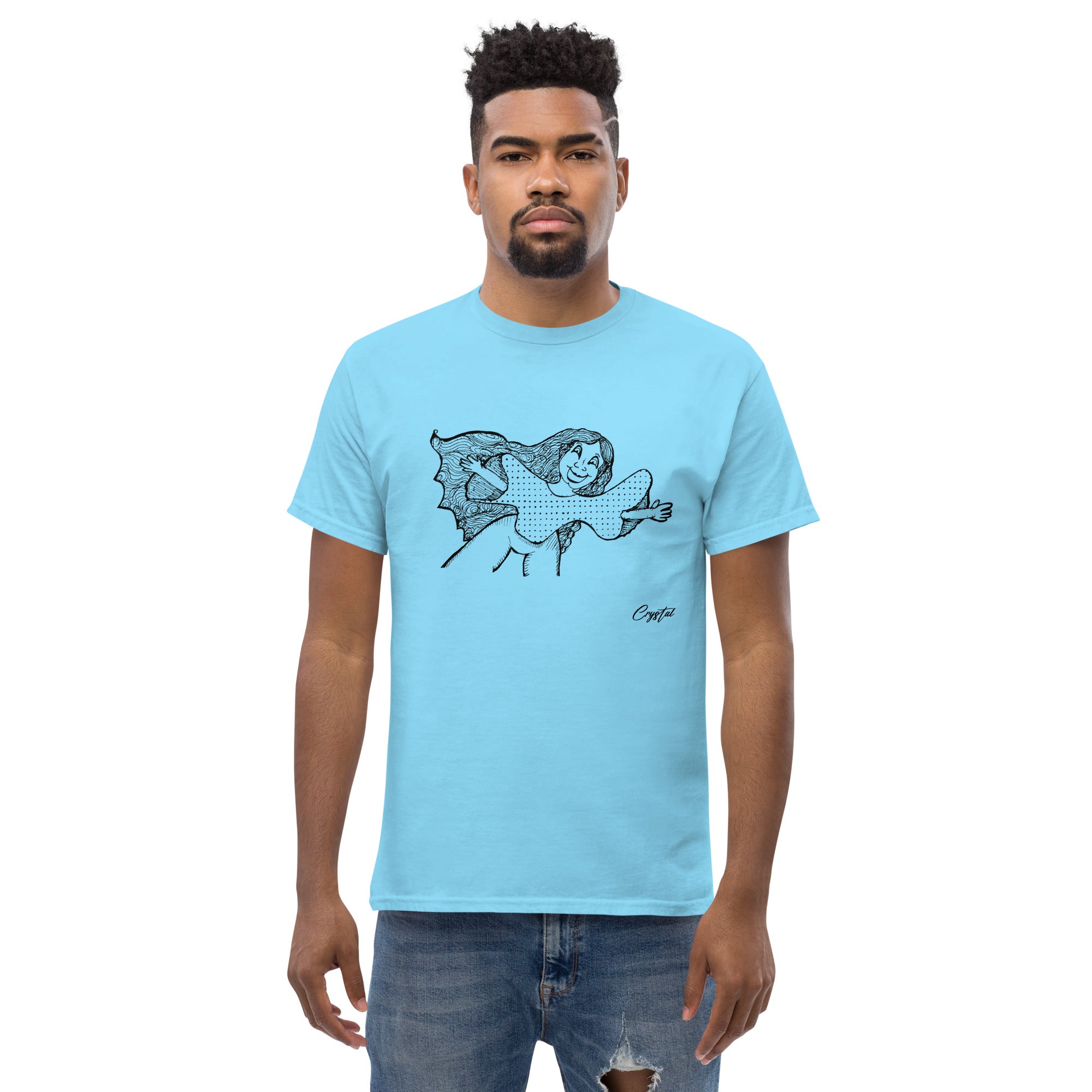 Happy Girl or Woman With Open Arms, Big Hair & Polkadot Shirt - Cute & Creepy "Stay Weird" Cartoon Illustration Men's classic tee