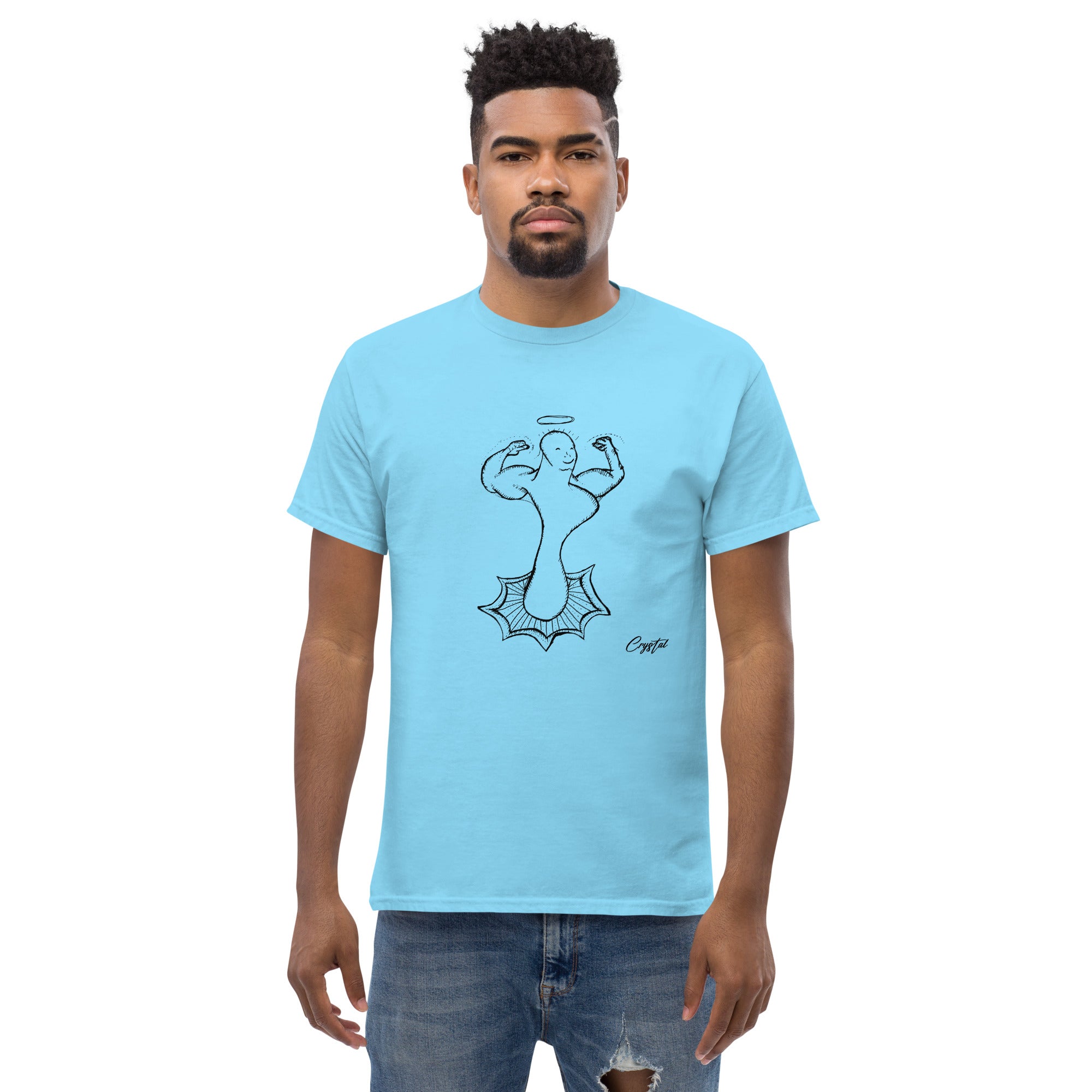 Genderless Powerful Man or Woman Flexing Biceps With A Proud Chest - Cute & Creepy "Stay Weird" Cartoon Illustration Men's classic tee