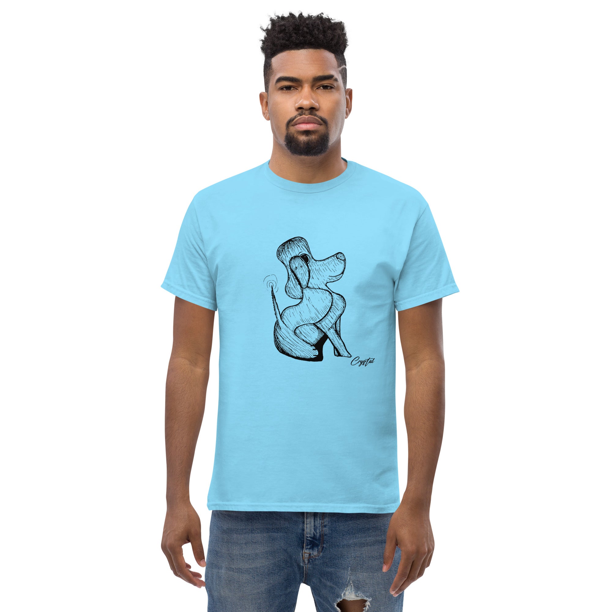 Happy Dog Sitting & Wagging Tail - Cute & Creepy "Stay Weird" Cartoon Illustration Men's classic tee