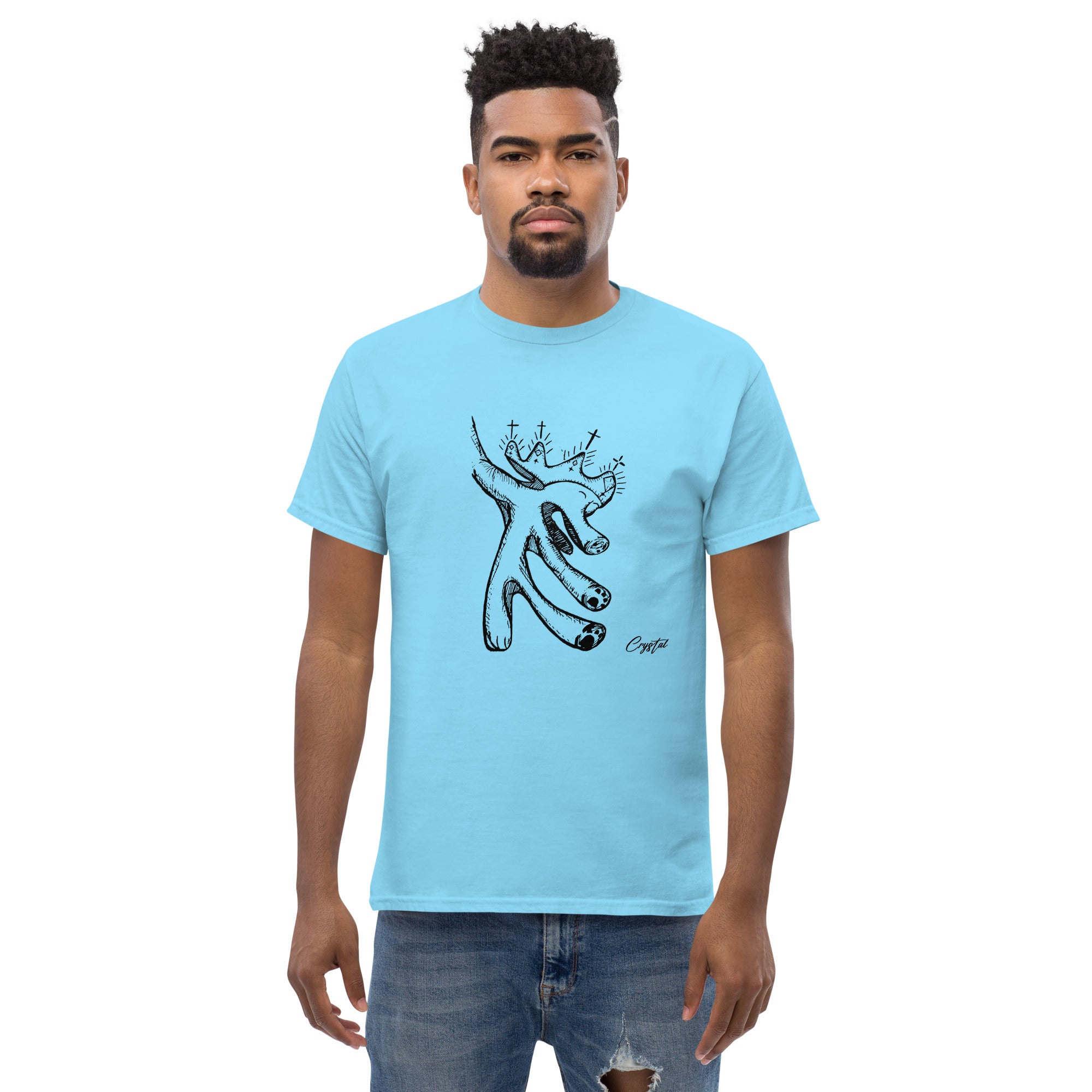 Happy "Pig" Dinosaur Dancing with Crown - Cute & Creepy "Stay Weird" Cartoon Illustration Men's classic tee