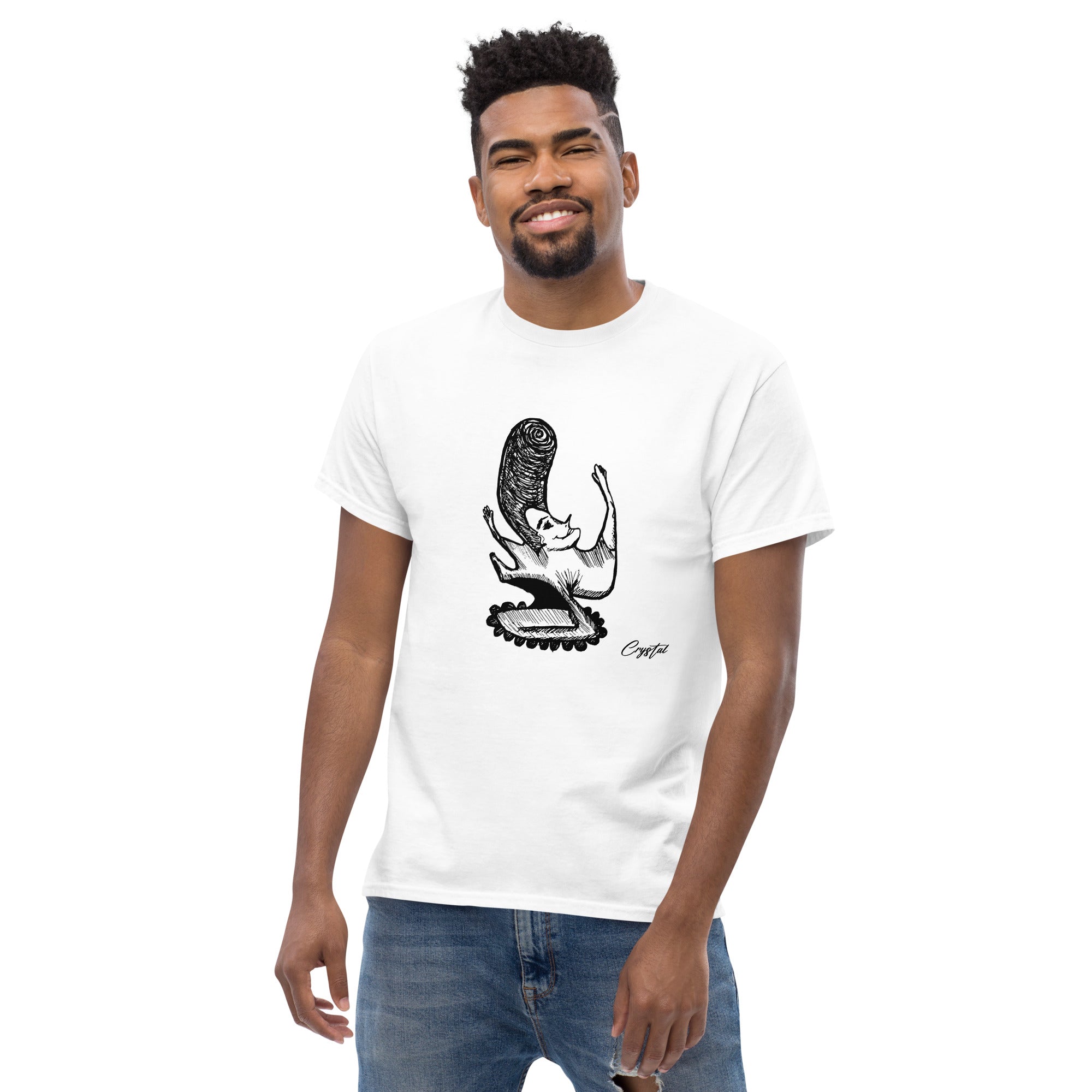 LGBTQ-Inspired Abstract Drawing of Genderless Man or Woman with Big Hair Smiling and Holding A Dancing Pose - Cute & Creepy "Stay Weird" Cartoon Illustration Men's classic tee