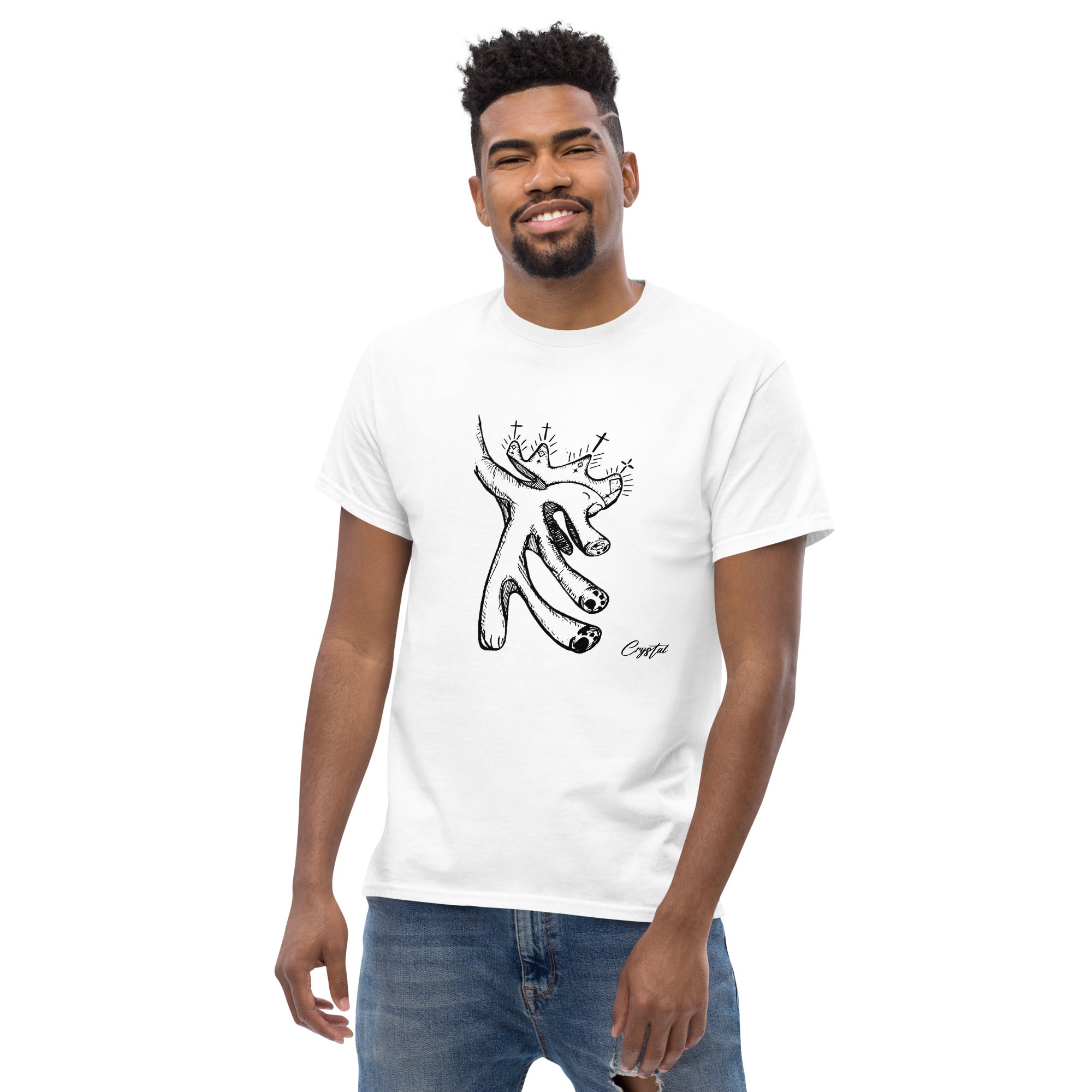 Happy "Pig" Dinosaur Dancing with Crown - Cute & Creepy "Stay Weird" Cartoon Illustration Men's classic tee