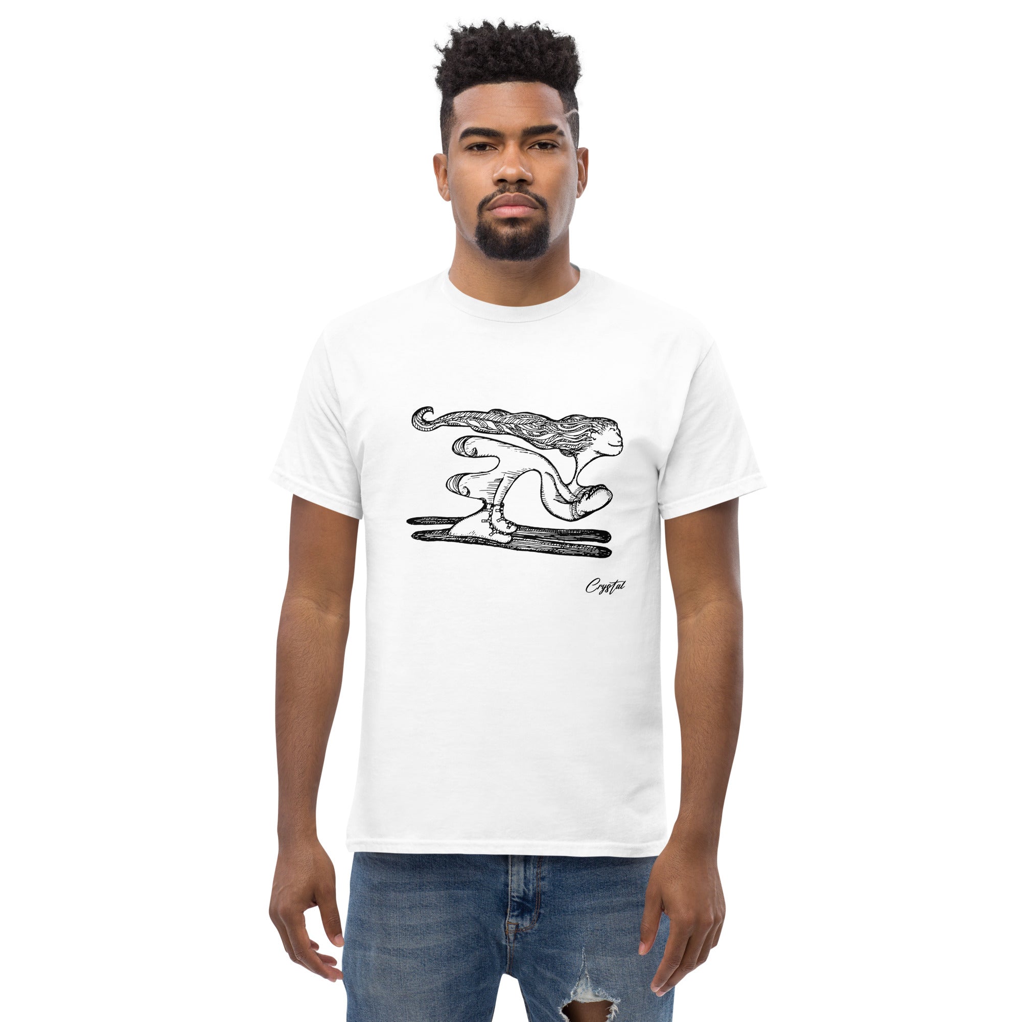 Girl with Great Hair Skiing Snow Slopes and Smiling - Cute & Creepy "Stay Weird" Cartoon Illustration Men's classic tee