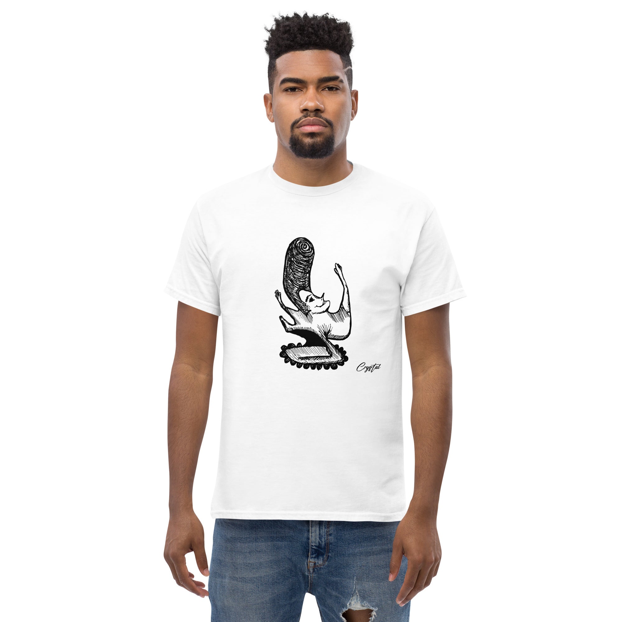 LGBTQ-Inspired Abstract Drawing of Genderless Man or Woman with Big Hair Smiling and Holding A Dancing Pose - Cute & Creepy "Stay Weird" Cartoon Illustration Men's classic tee