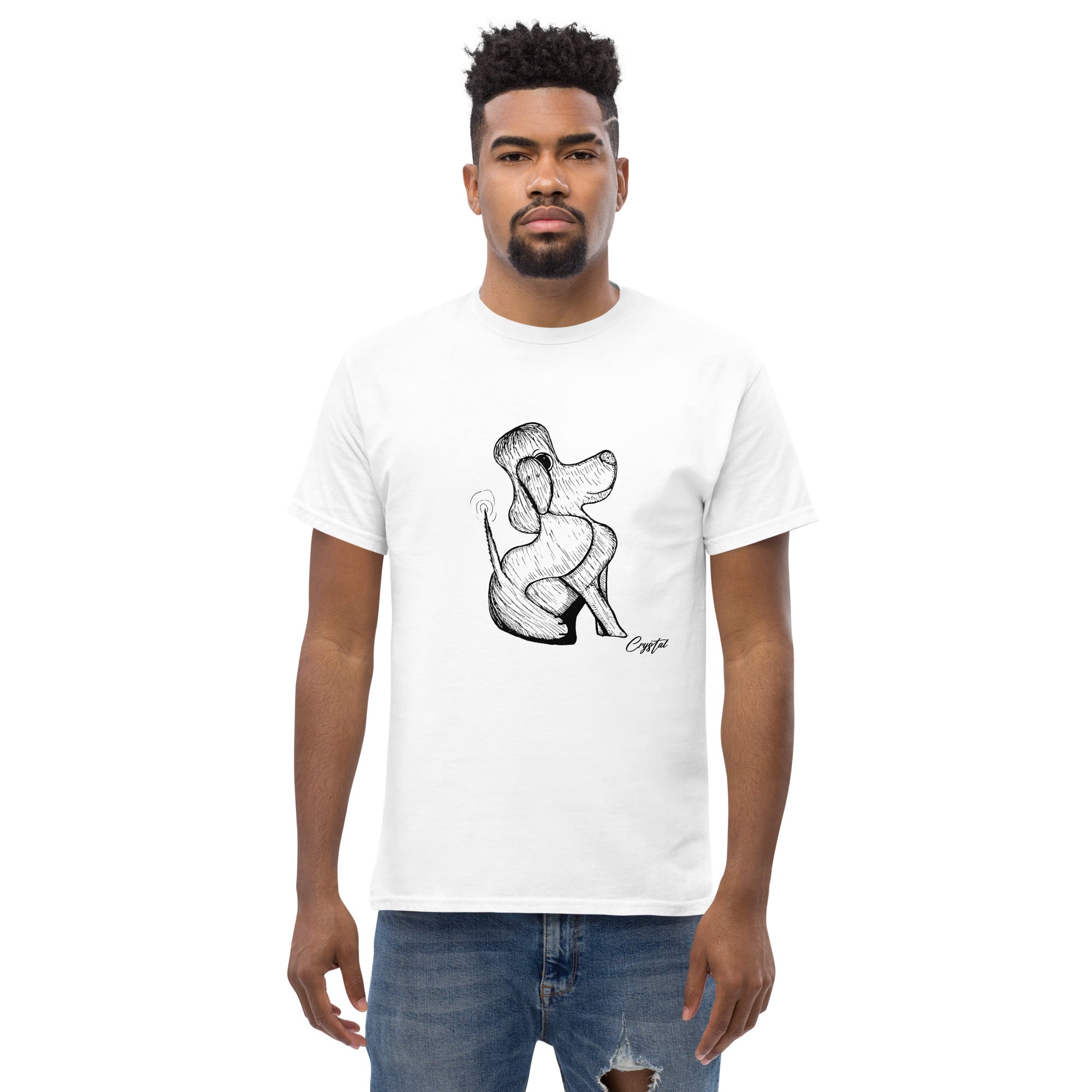 Happy Dog Sitting & Wagging Tail - Cute & Creepy "Stay Weird" Cartoon Illustration Men's classic tee