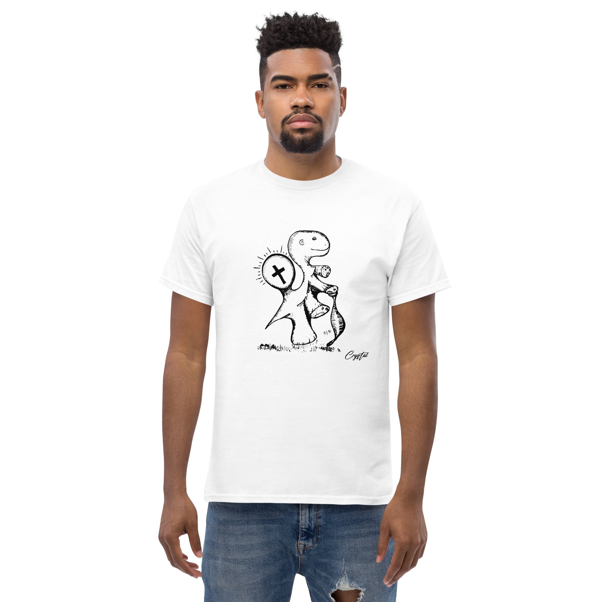 Spiritual Dinosaur Walking with Walking Stick - Cute & Creepy "Stay Weird" Cartoon Illustration Men's classic tee