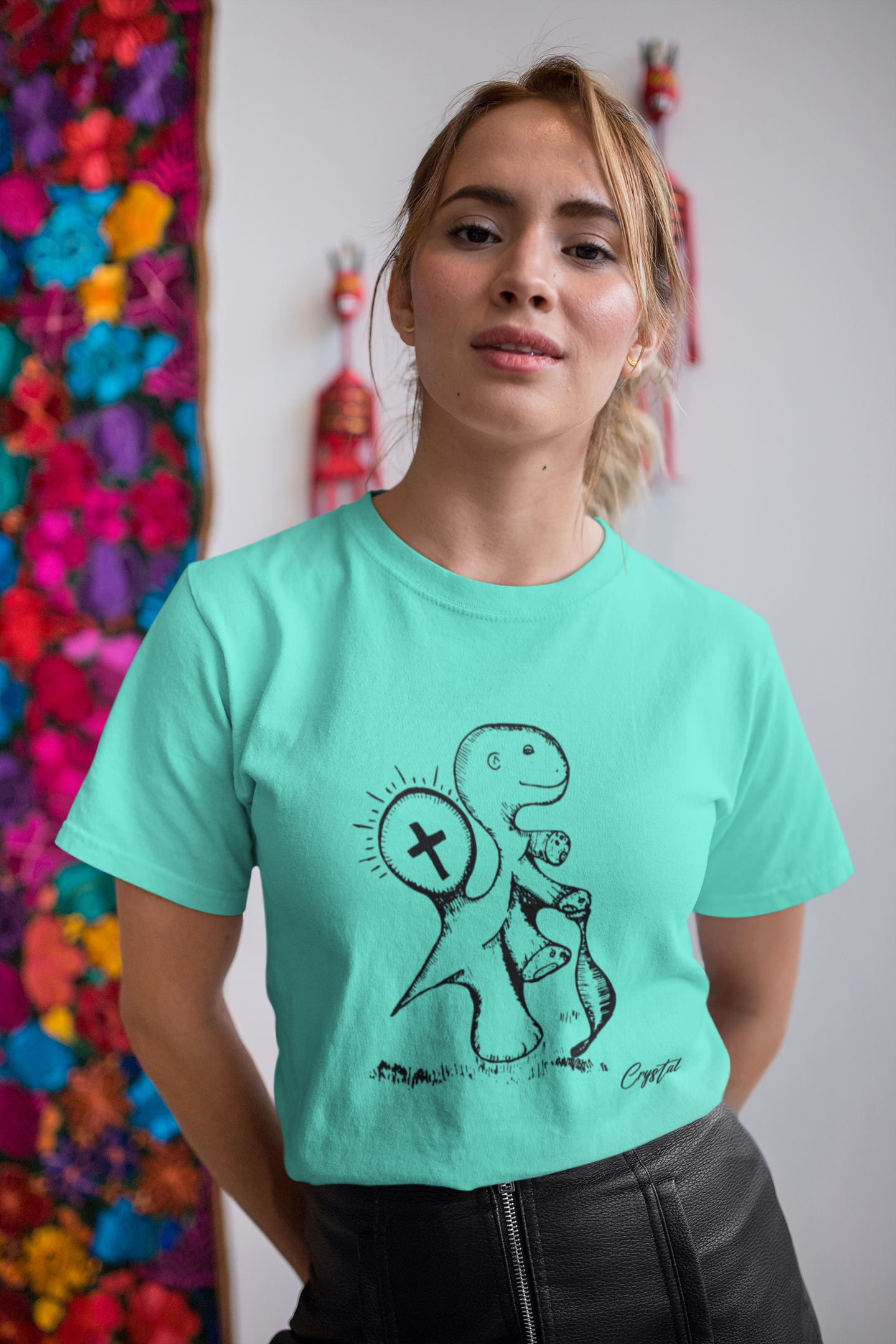 Spiritual Dinosaur Walking with Walking Stick - Cute & Creepy "Stay Weird" Cartoon Illustration Women's short sleeve t-shirt
