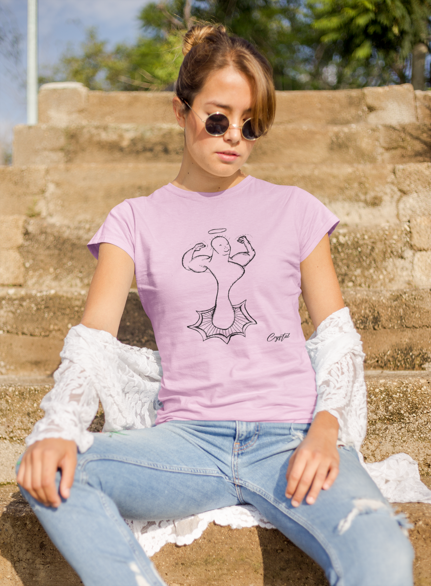 Dinosaur Walking with Halo - Cute & Creepy "Stay Weird" Cartoon Illustration Women's short sleeve t-shirt
