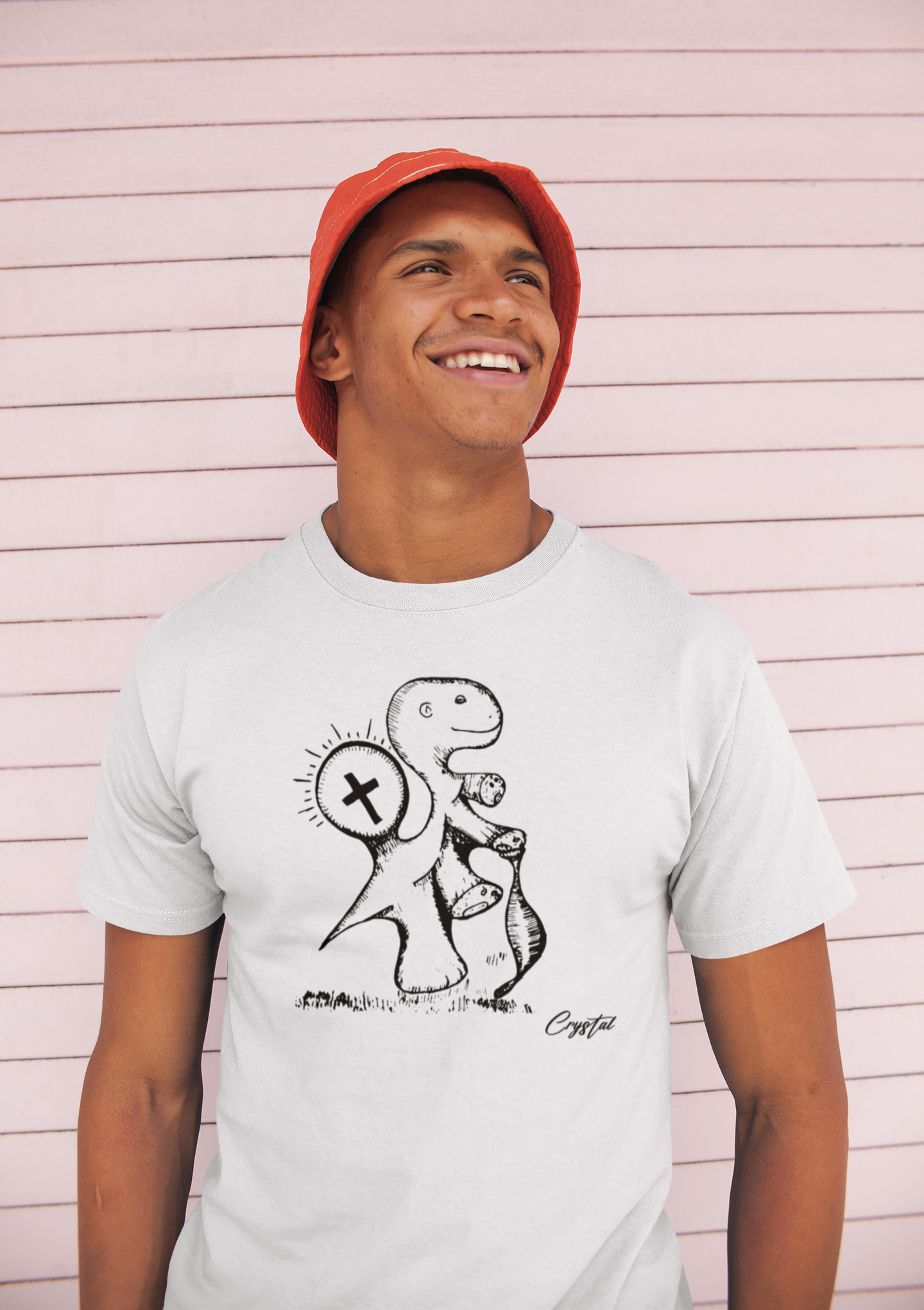 Spiritual Dinosaur Walking with Walking Stick - Cute & Creepy "Stay Weird" Cartoon Illustration Men's classic tee