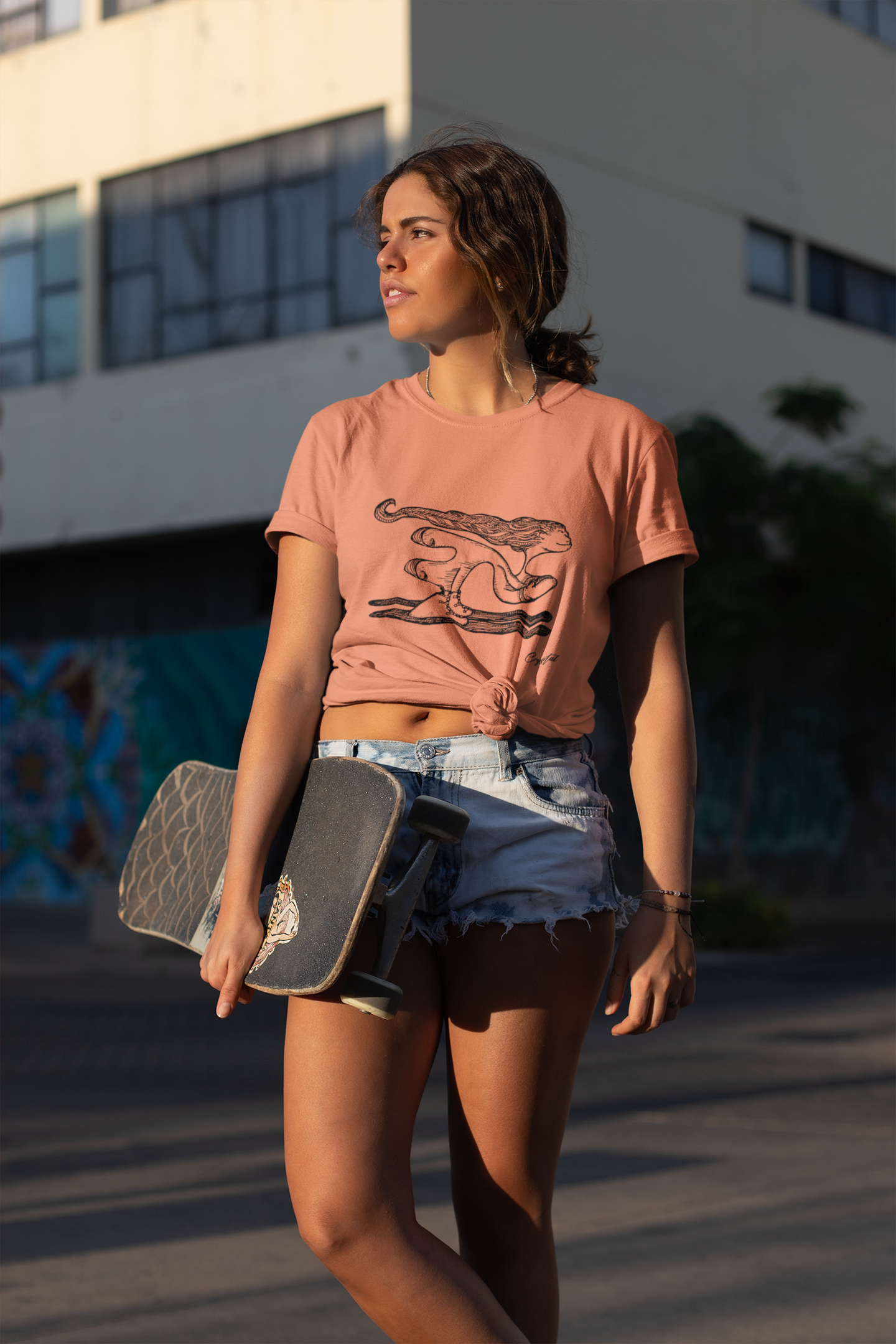Girl with Great Hair Skiing Snow Slopes and Smiling - Cute & Creepy "Stay Weird" Cartoon Illustration Women's short sleeve t-shirt