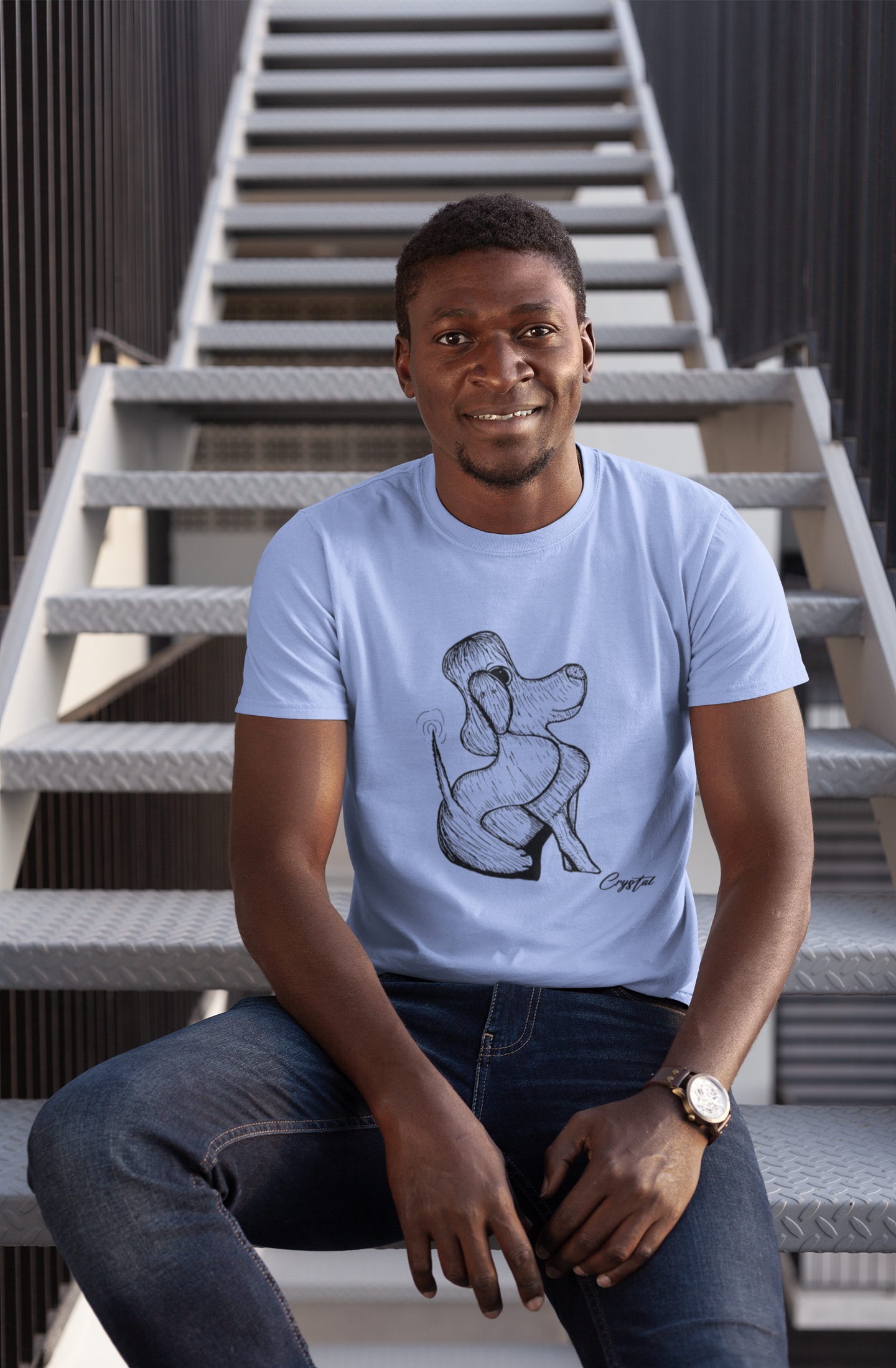 Happy Dog Sitting & Wagging Tail - Cute & Creepy "Stay Weird" Cartoon Illustration Men's classic tee