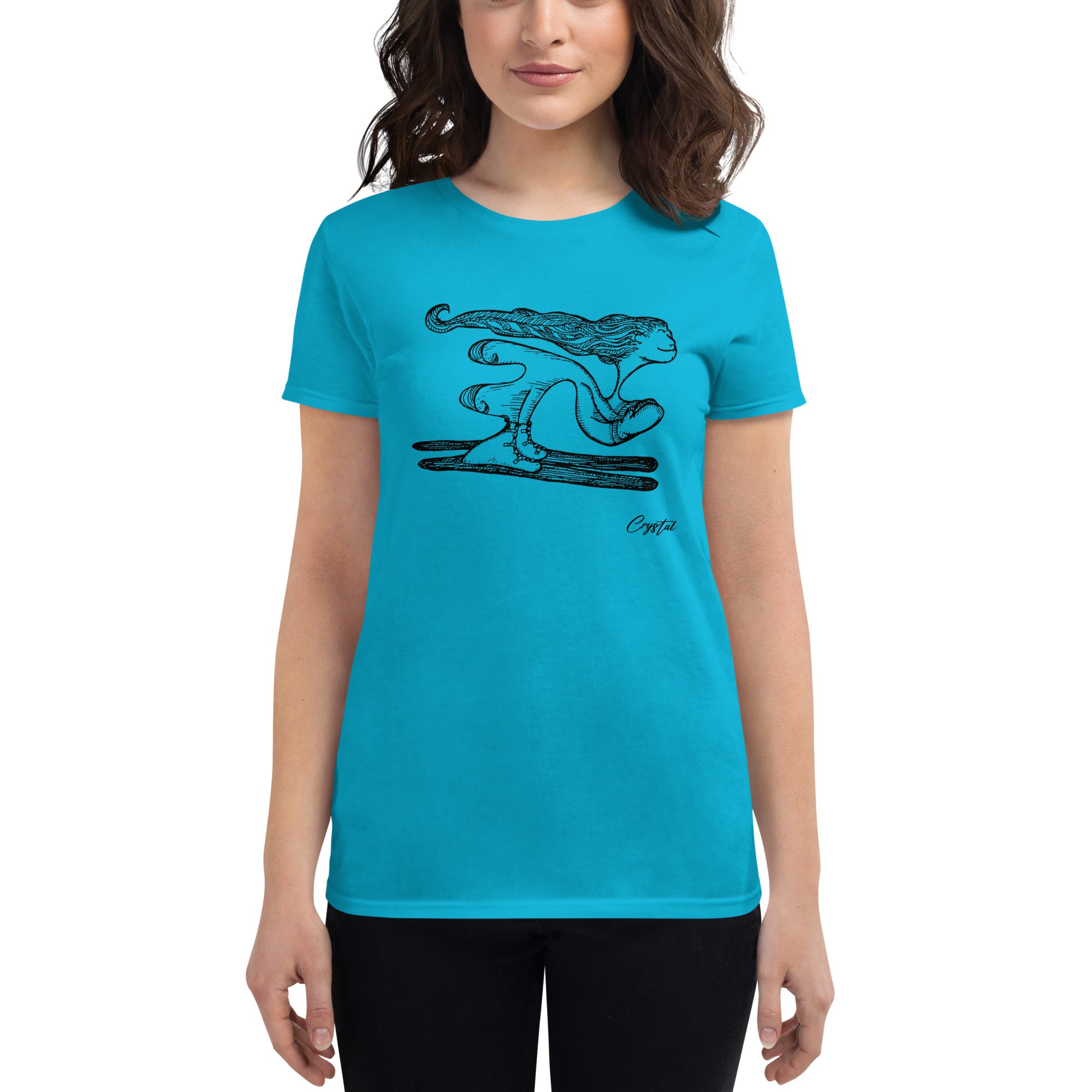 Girl with Great Hair Skiing Snow Slopes and Smiling - Cute & Creepy "Stay Weird" Cartoon Illustration Women's short sleeve t-shirt