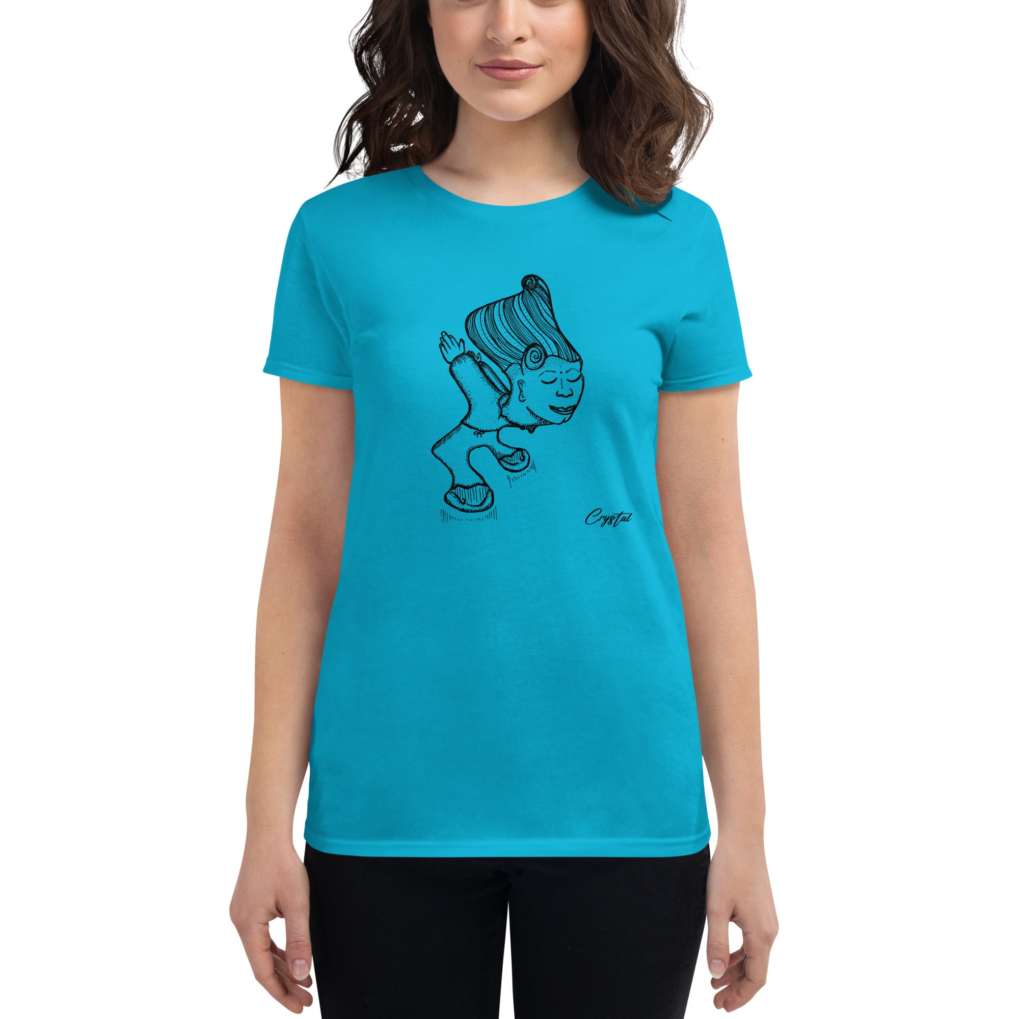 Genderless Person with Great Hair Bowing in Reverence or Gratitude - Cute & Creepy "Stay Weird" Cartoon Illustration Women's short sleeve t-shirt