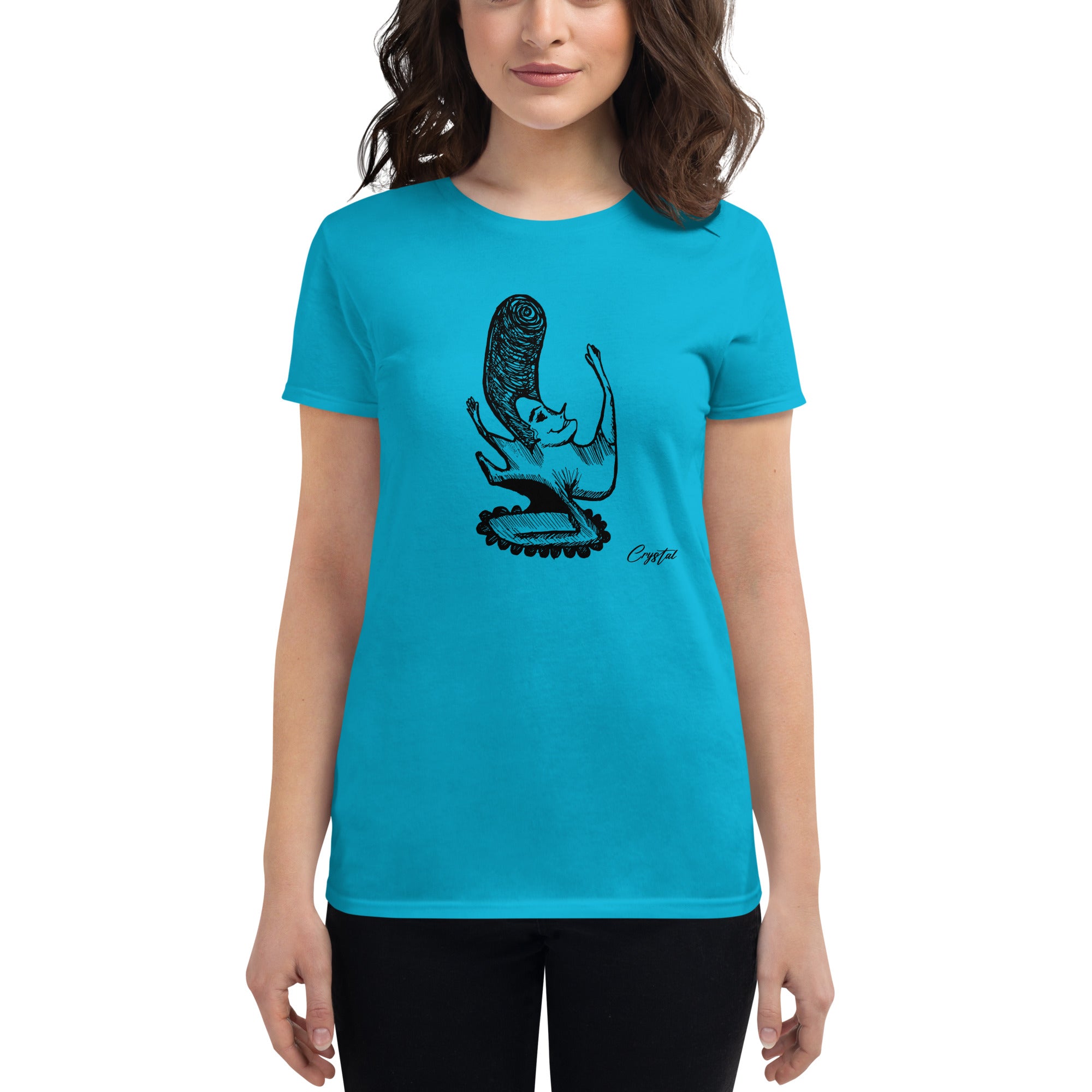 LGBTQ-Inspired Abstract Drawing of Genderless Man or Woman with Big Hair Smiling and Holding A Dancing Pose - Cute & Creepy "Stay Weird" Cartoon Illustration Women's short sleeve t-shirt