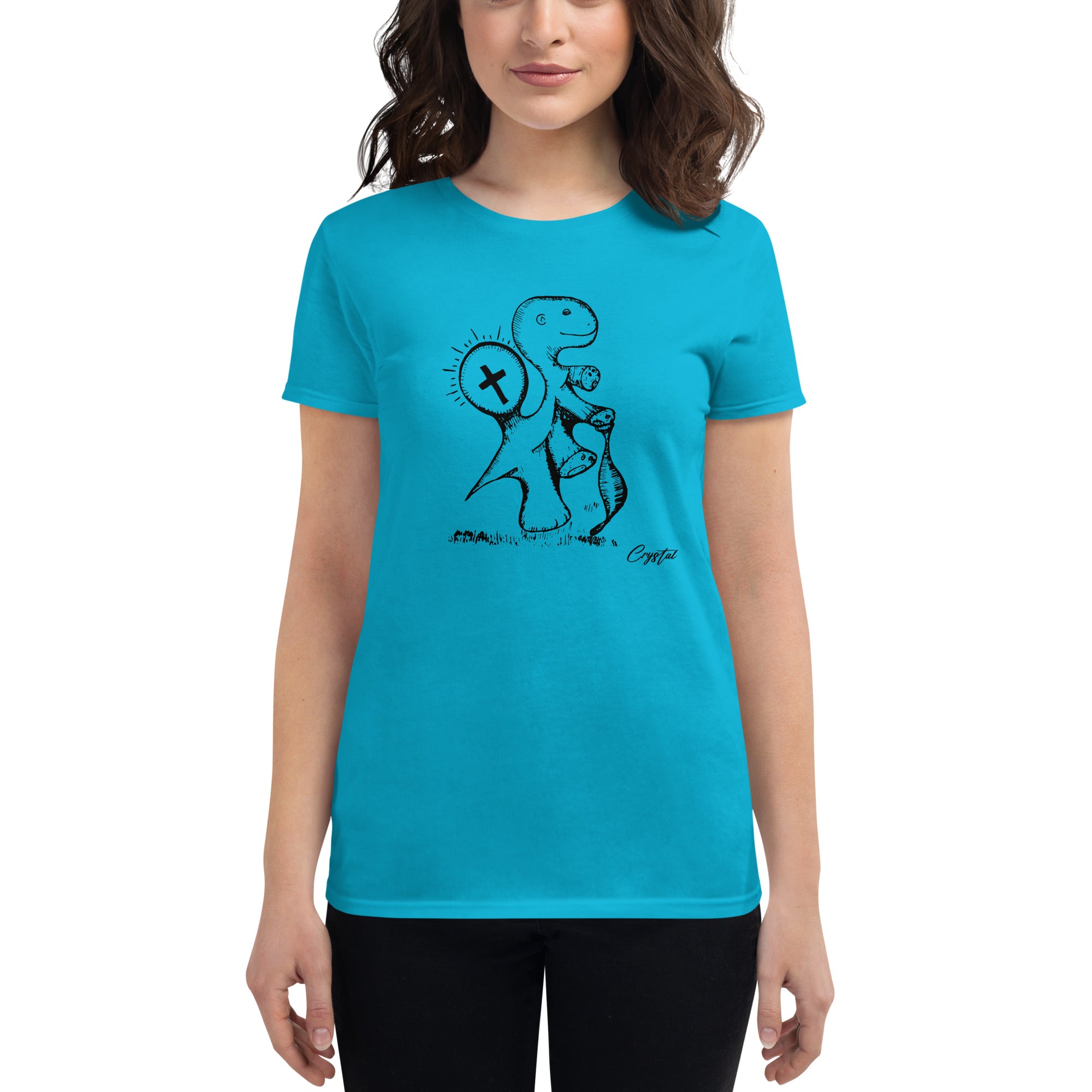 Spiritual Dinosaur Walking with Walking Stick - Cute & Creepy "Stay Weird" Cartoon Illustration Women's short sleeve t-shirt