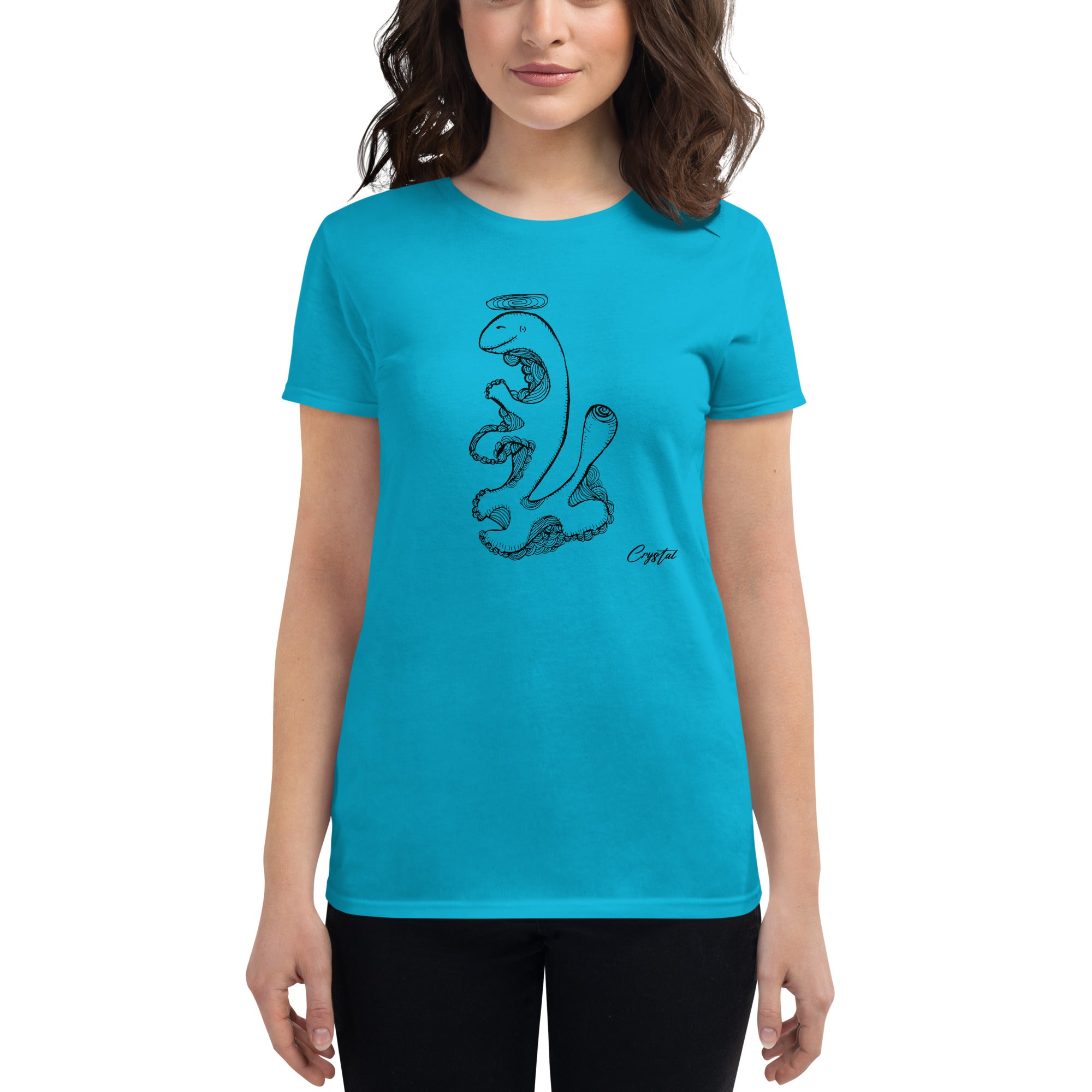 Dinosaur Walking with Halo - Cute & Creepy "Stay Weird" Cartoon Illustration Women's short sleeve t-shirt