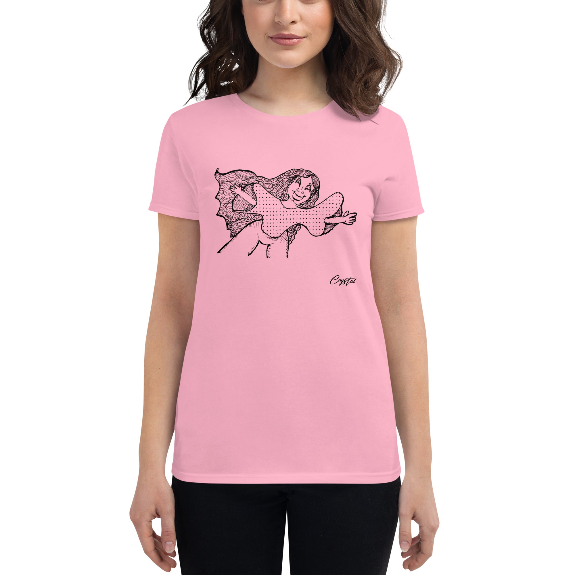 Happy Girl or Woman With Open Arms, Big Hair & Polka dot Shirt - Cute & Creepy "Stay Weird" Cartoon Illustration Women's short sleeve t-shirt