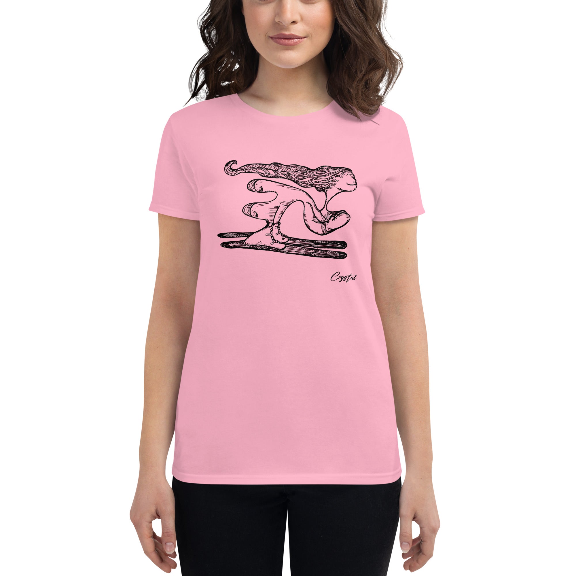 Girl with Great Hair Skiing Snow Slopes and Smiling - Cute & Creepy "Stay Weird" Cartoon Illustration Women's short sleeve t-shirt