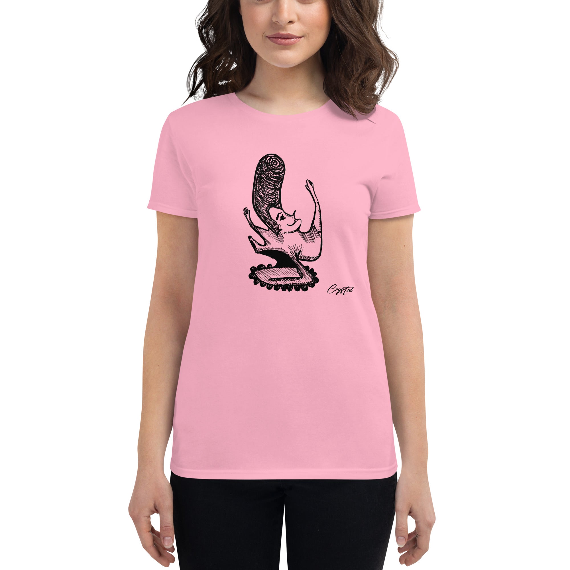 LGBTQ-Inspired Abstract Drawing of Genderless Man or Woman with Big Hair Smiling and Holding A Dancing Pose - Cute & Creepy "Stay Weird" Cartoon Illustration Women's short sleeve t-shirt