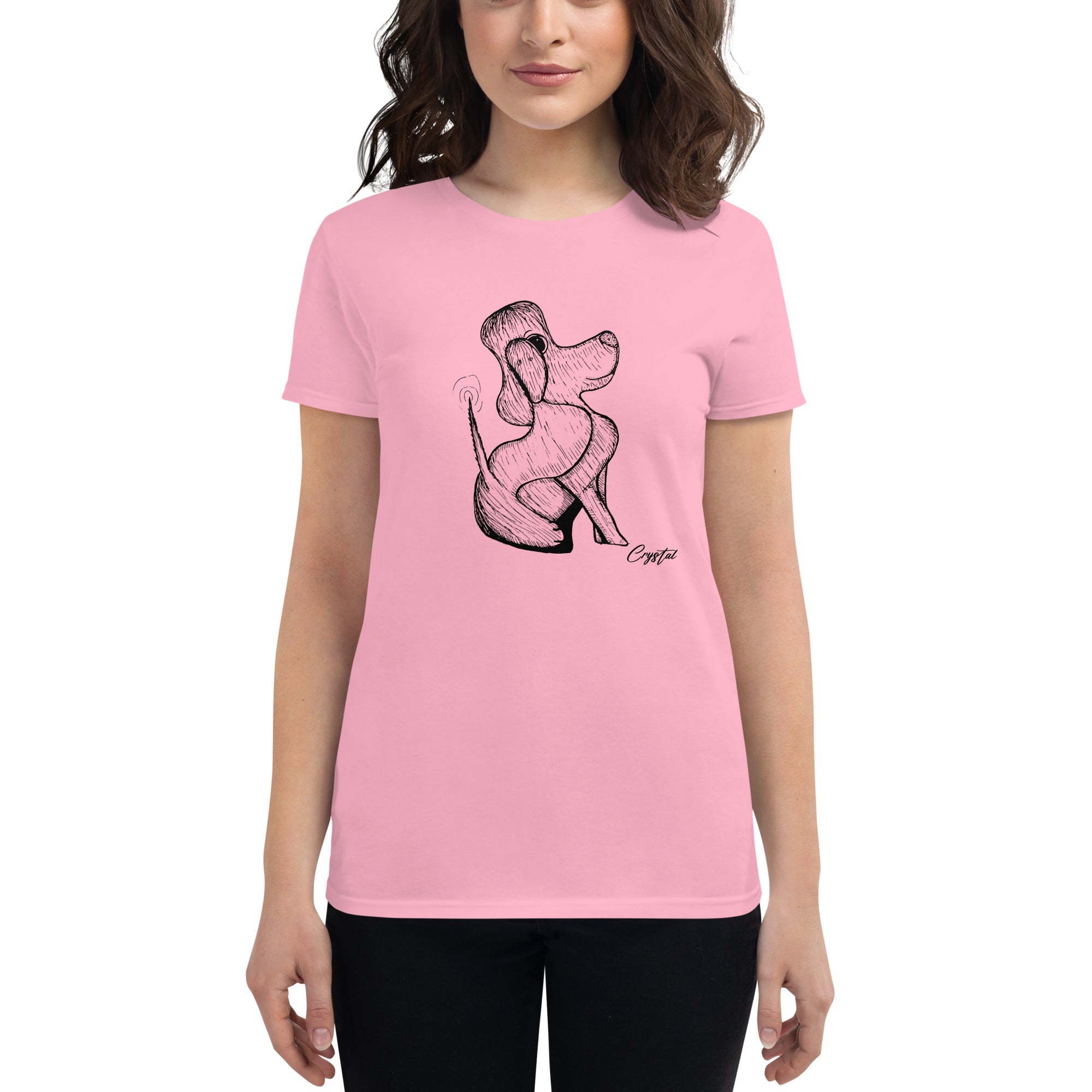 Happy Dog Sitting & Wagging Tail - Cute & Creepy "Stay Weird" Cartoon Illustration Women's short sleeve t-shirt