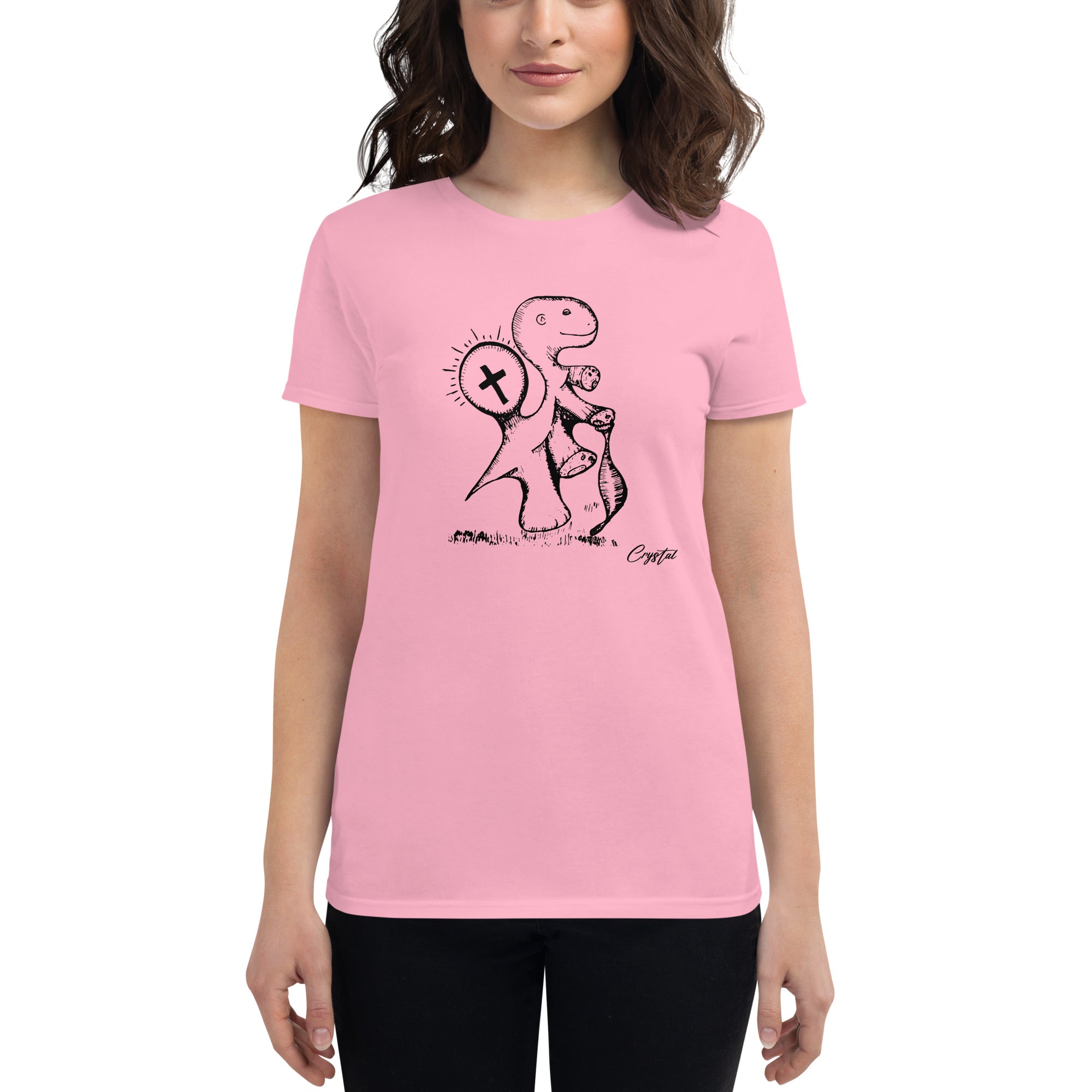 Spiritual Dinosaur Walking with Walking Stick - Cute & Creepy "Stay Weird" Cartoon Illustration Women's short sleeve t-shirt