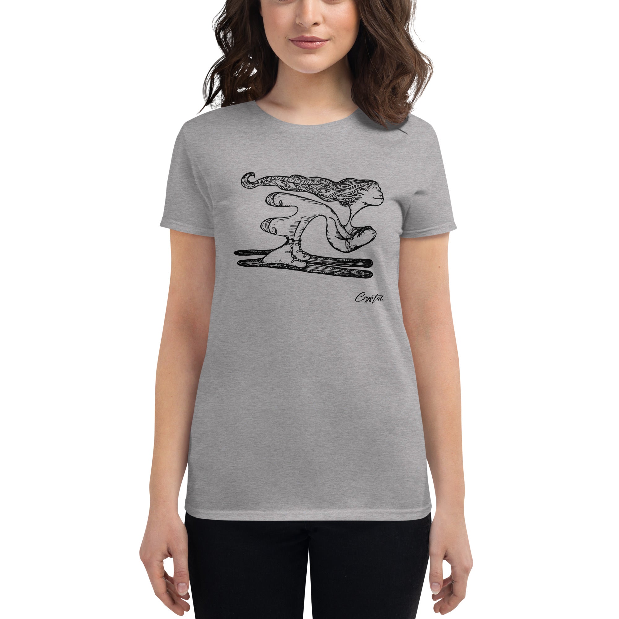 Girl with Great Hair Skiing Snow Slopes and Smiling - Cute & Creepy "Stay Weird" Cartoon Illustration Women's short sleeve t-shirt