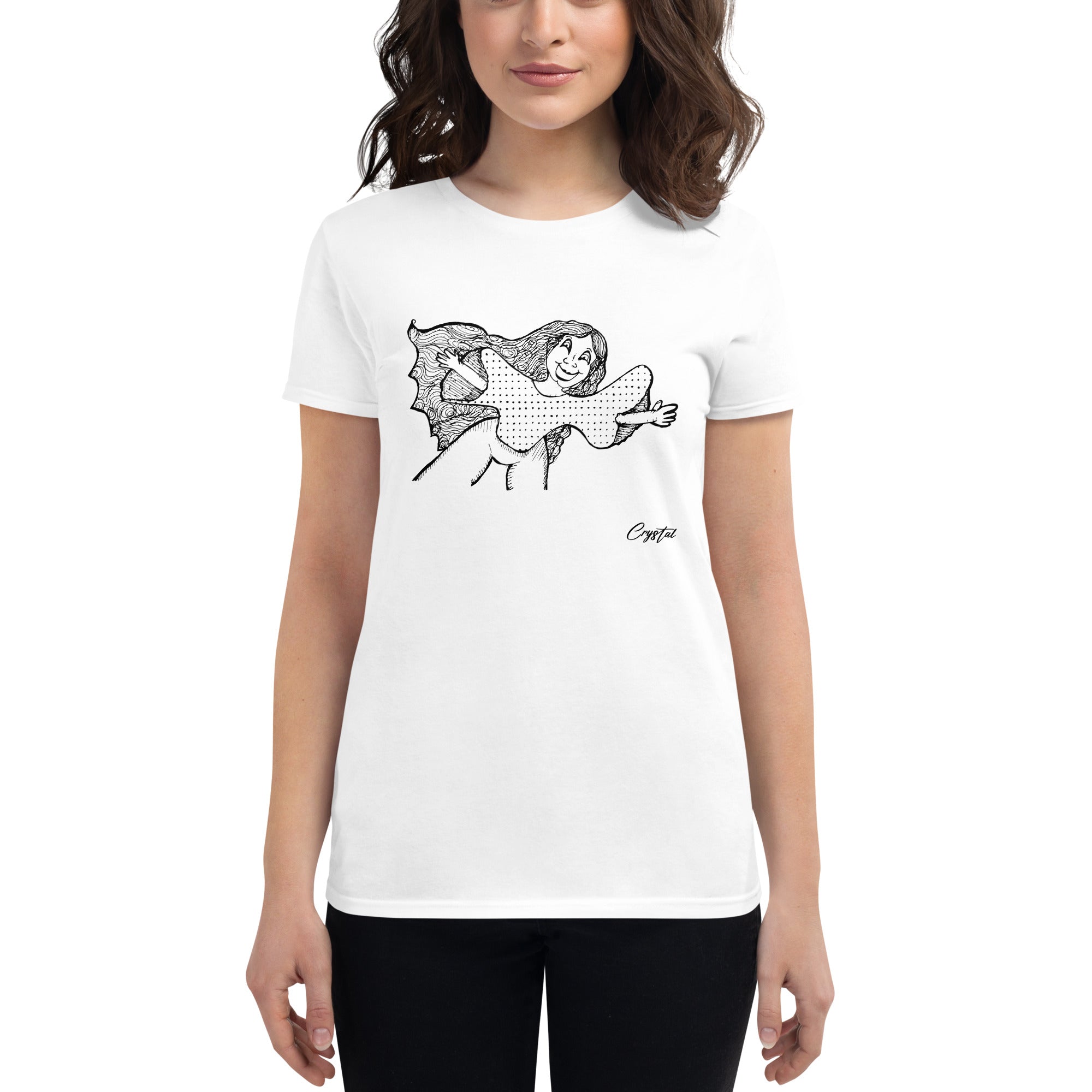 Happy Girl or Woman With Open Arms, Big Hair & Polka dot Shirt - Cute & Creepy "Stay Weird" Cartoon Illustration Women's short sleeve t-shirt