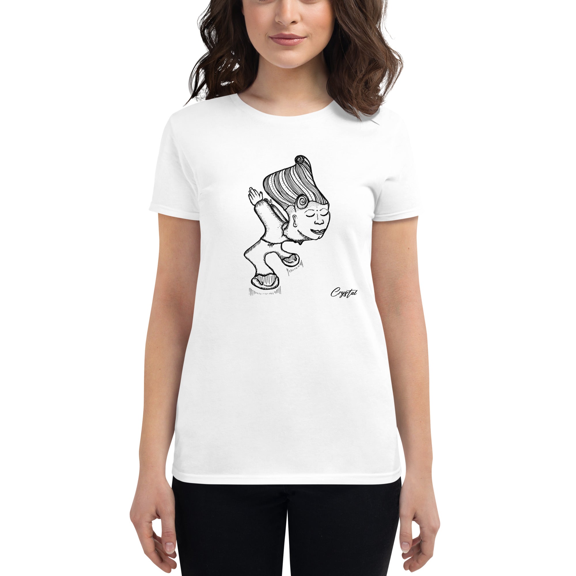 Genderless Person with Great Hair Bowing in Reverence or Gratitude - Cute & Creepy "Stay Weird" Cartoon Illustration Women's short sleeve t-shirt