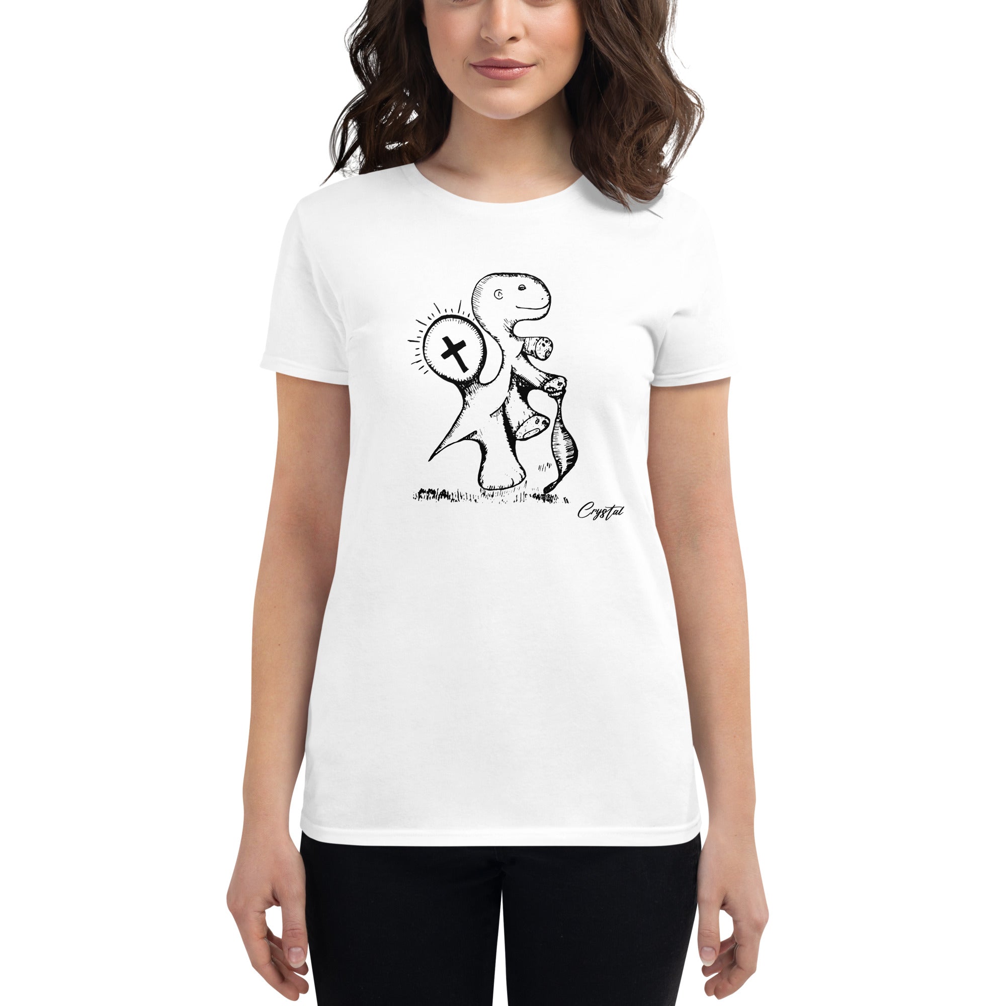 Spiritual Dinosaur Walking with Walking Stick - Cute & Creepy "Stay Weird" Cartoon Illustration Women's short sleeve t-shirt