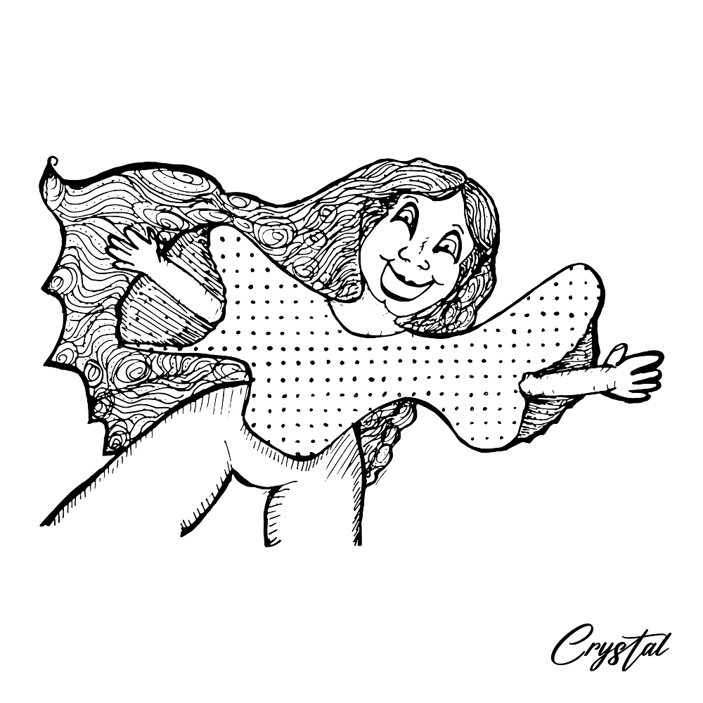 Happy Girl or Woman With Open Arms, Big Hair & Polka dot Shirt - Cute & Creepy "Stay Weird" Cartoon Illustration