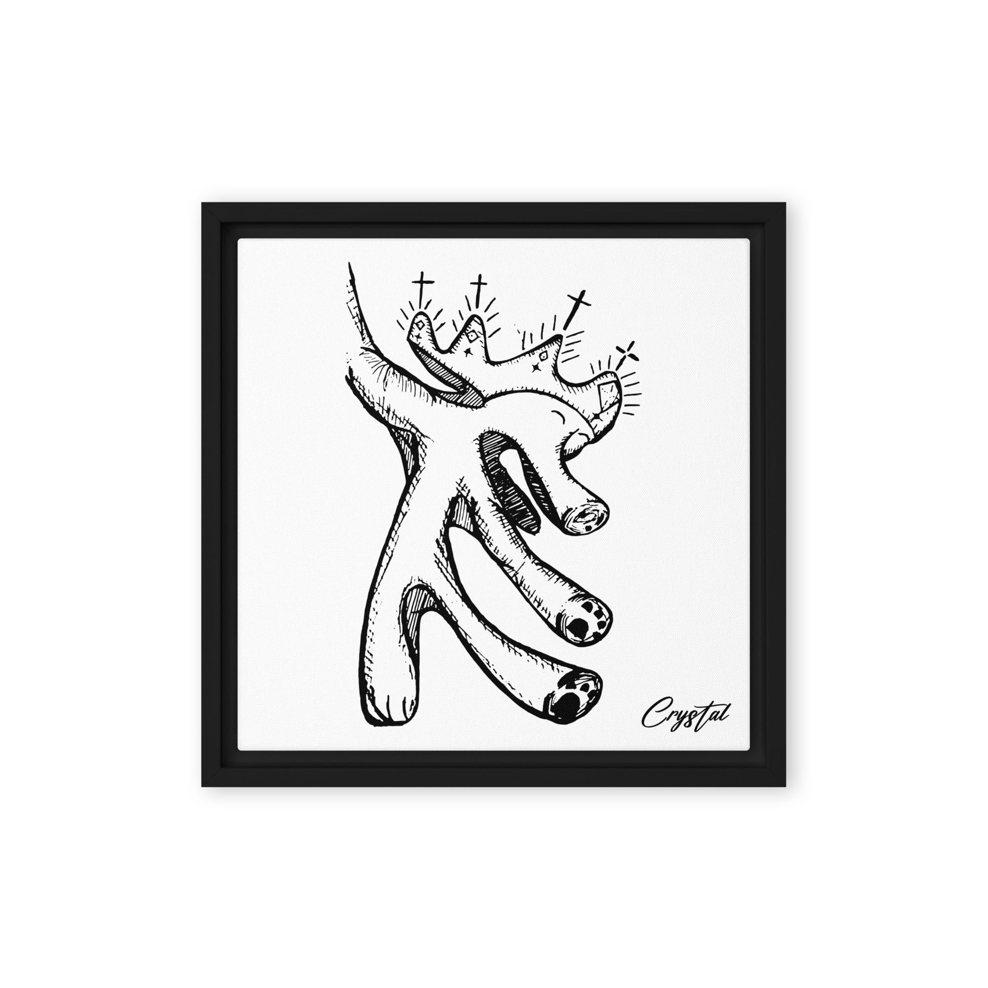 Drawing of Abstract Happy "Pig" Dinosaur Dancing with Crown - Cute & Creepy "Stay Weird" Cartoon Illustration Framed canvas
