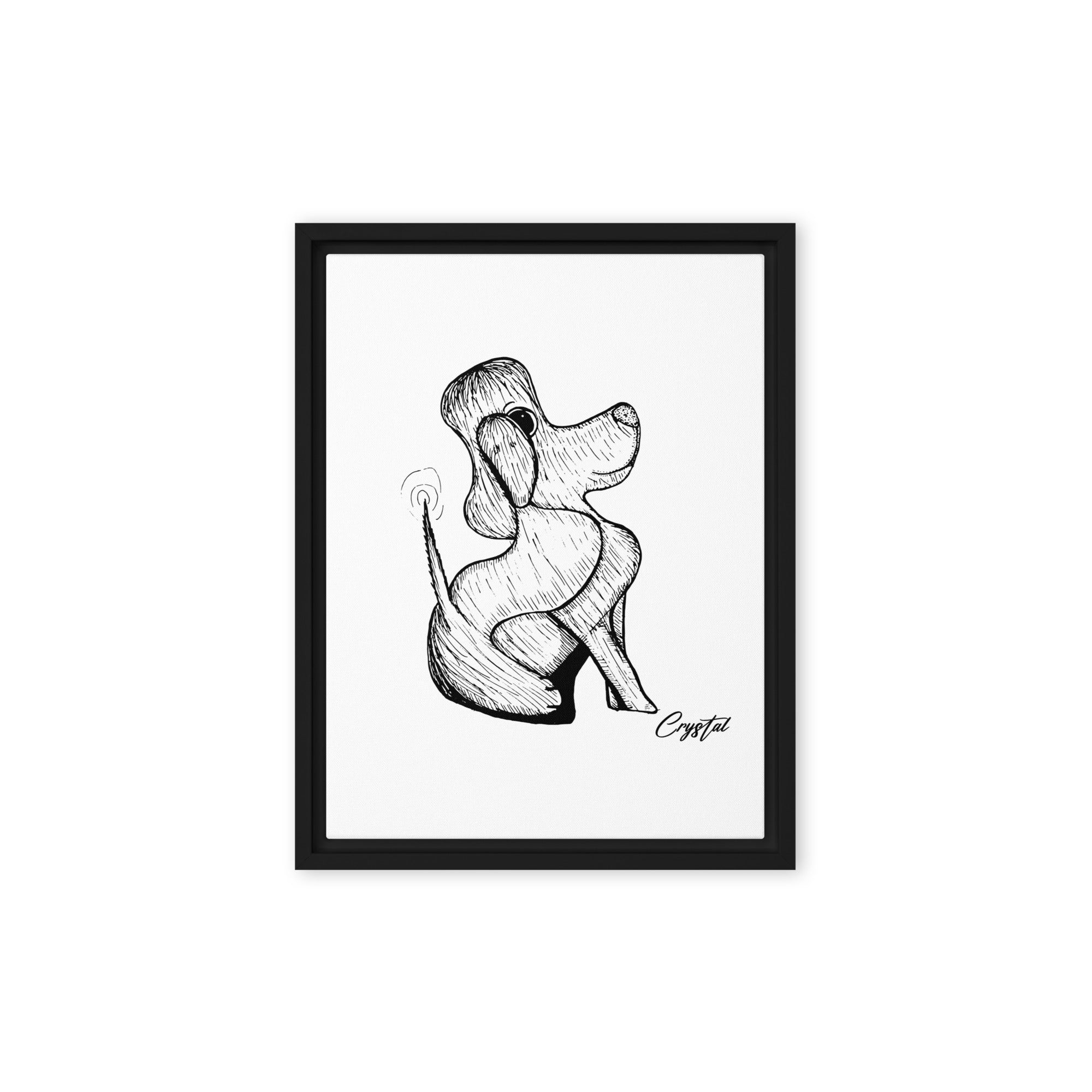 Abstract Drawing of Happy Dog Sitting & Wagging Tail - Cute & Creepy "Stay Weird" Cartoon Illustration Framed canvas