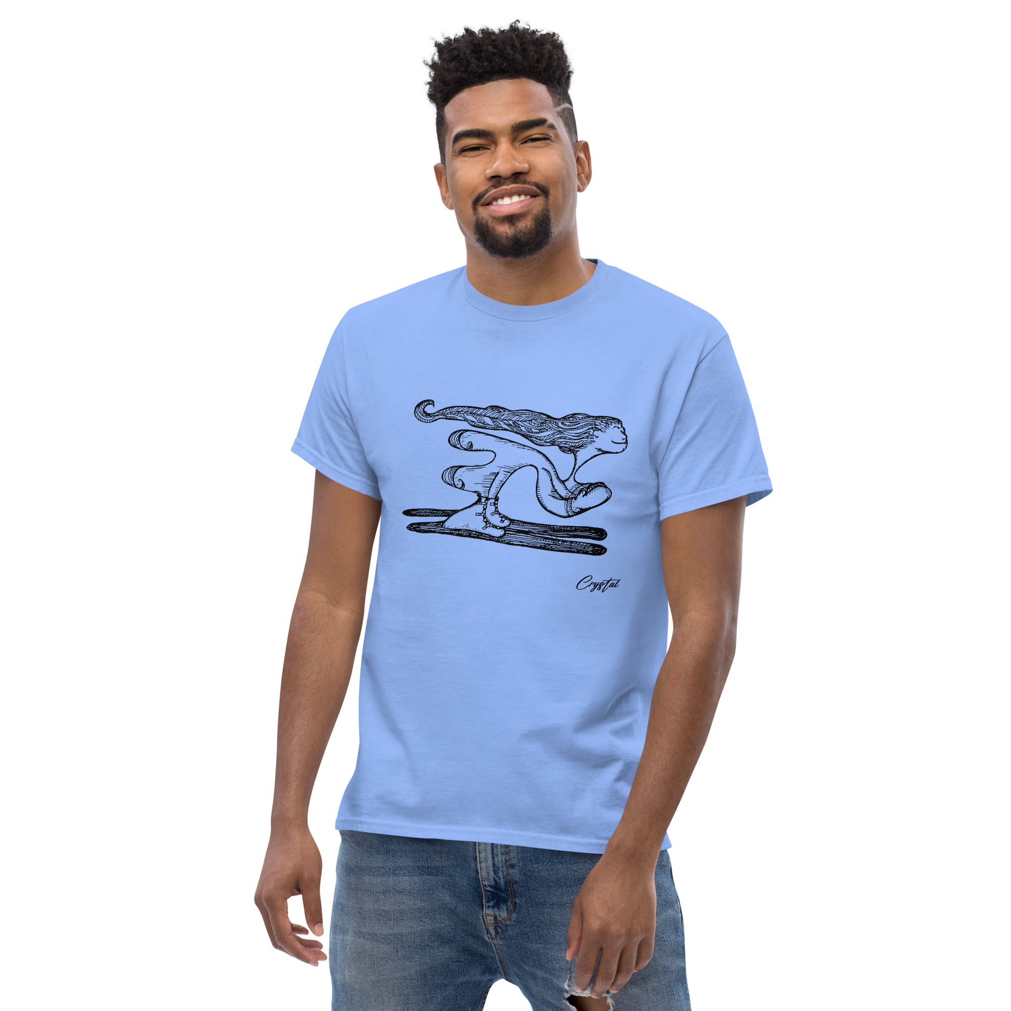 Girl with Great Hair Skiing Snow Slopes and Smiling - Cute & Creepy "Stay Weird" Cartoon Illustration Men's classic tee