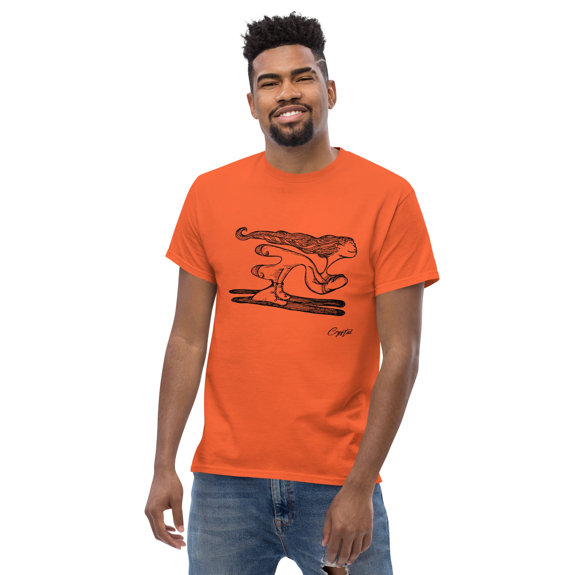 Girl with Great Hair Skiing Snow Slopes and Smiling - Cute & Creepy "Stay Weird" Cartoon Illustration Men's classic tee