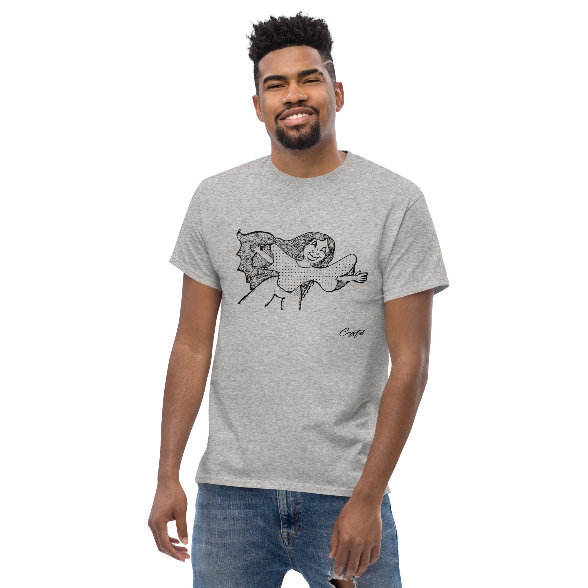 Happy Girl or Woman With Open Arms, Big Hair & Polkadot Shirt - Cute & Creepy "Stay Weird" Cartoon Illustration Men's classic tee