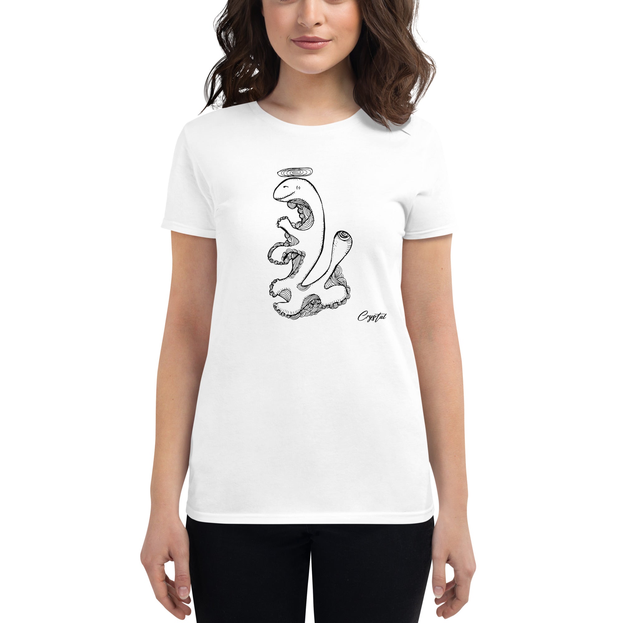 Dinosaur Walking with Halo - Cute & Creepy "Stay Weird" Cartoon Illustration Women's short sleeve t-shirt